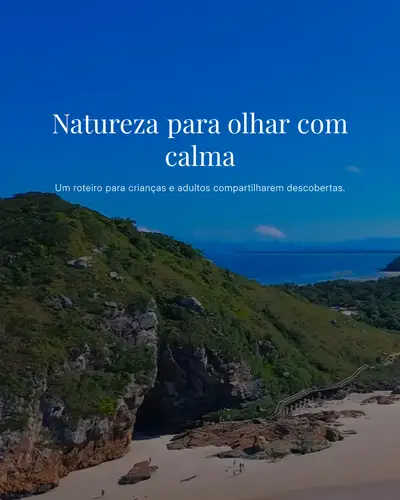 Vista aérea de praia com faixa de areia, formações rochosas e morro coberto por mata, atravessado por uma trilha de madeira. Pequenas pessoas aparecem na areia sob luz diurna intensa e céu azul.