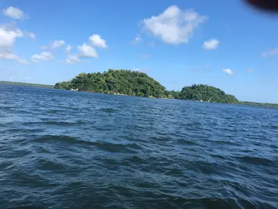 Vista do mar para uma pequena ilha coberta por mata densa, com ondulações em primeiro plano. O céu azul com nuvens esparsas e a luz diurna intensa destacam o verde da vegetação.