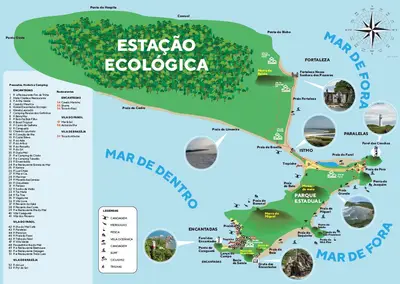 Mapa ilustrado da Ilha do Mel (PR), com áreas de mata, praias, trilhas, vilas, faróis, trapiche e pontos de interesse entre o Mar de Dentro e o Mar de Fora. A arte usa cores claras e elementos gráficos, com pequenas fotos circulares de paisagens loca